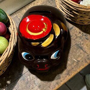 Redware Pottery Piggy Bank w/ Red Hat Rubber Stopper Japan Big Eyes Side Glance